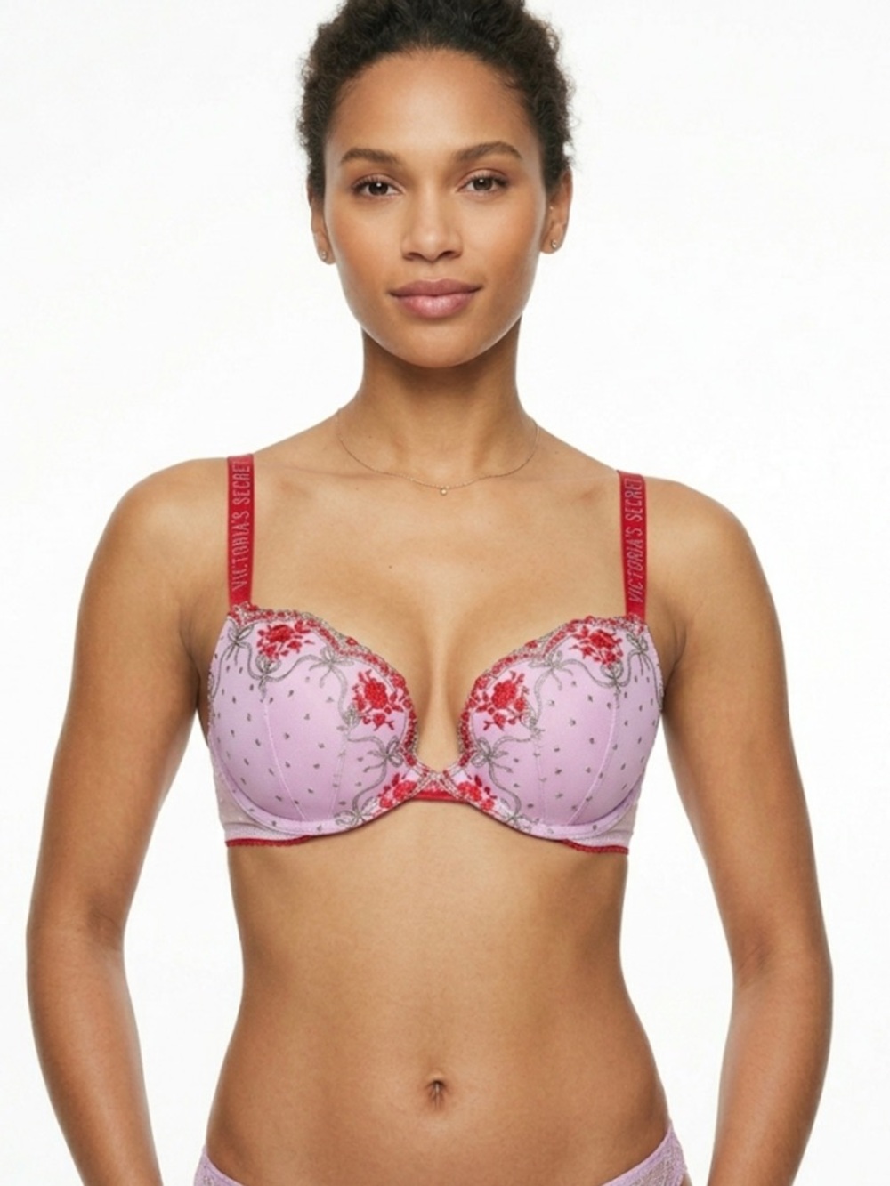 Victoria’s Secret 34D Push Up Bra Pink Red Floral Embroidered Lace Sexy Lingerie
